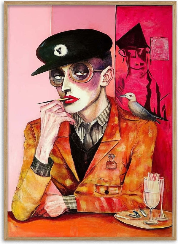 A stylized man in an orange suit with a sparrow on his shoulder, seated at a table. Art by Martin Zen.