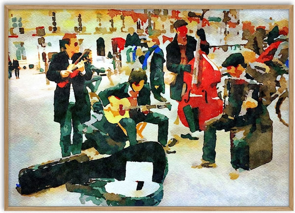 Musicians in Paris by Massimo Frascogna - three street musicians with a red double bass