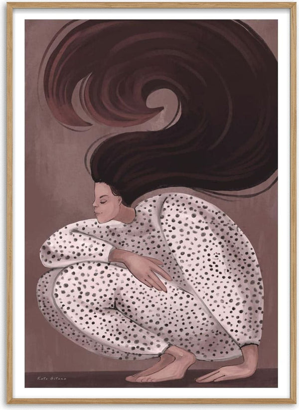 Illustration of a woman in a spotted suit, crouching with long flowing hair, from My Hair is Love - Kate Aitana Plakat.