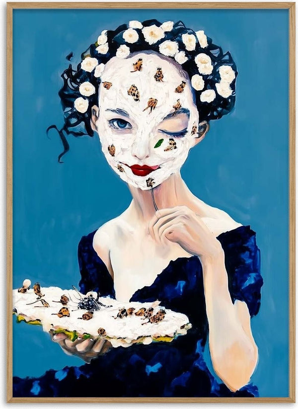 Surreal portrait of a woman in blue with flowers in her hair, holding a cake-like mask, from My Precious - Martin Zen.