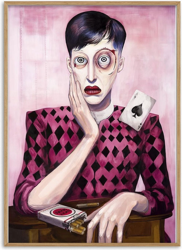 A stylized portrait of a surprised person with pale skin, holding their face, and playing cards on the table.