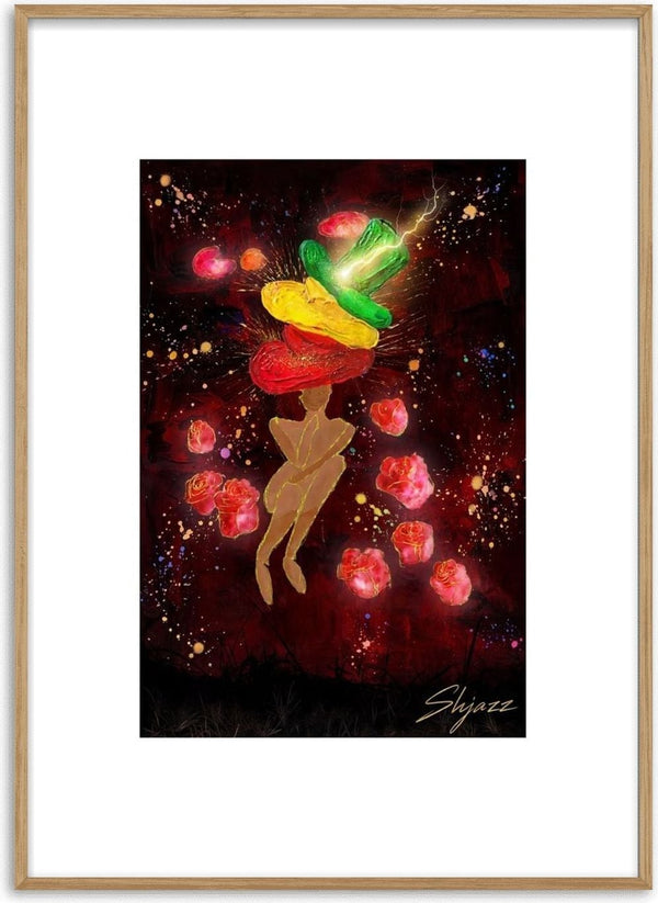 Nachtflits by Madame Petit - a golden figure on a deep red ground with a burst of colour and pink blooms