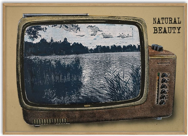 Natural Beauty by Carl Smith ART - a wood cased vintage TV showing a blue lake landscape