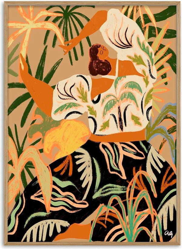Art print of a woman dancing joyfully among lush tropical plants, Nature Embrace by Arty Guava.