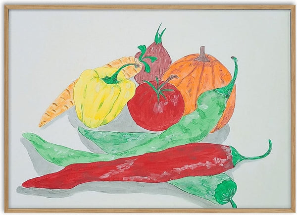 Nature's bounty by Sulaika Martis - vegetables piled in a grey bowl with two chillies in front