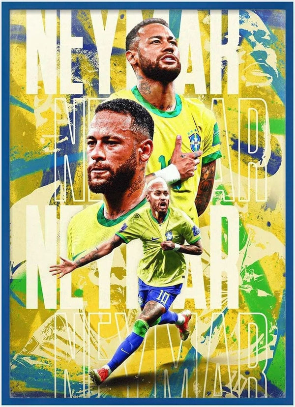 Neymar in Brazil jersey, multiple action poses, yellow-green background, "NEYMAR" text behind.