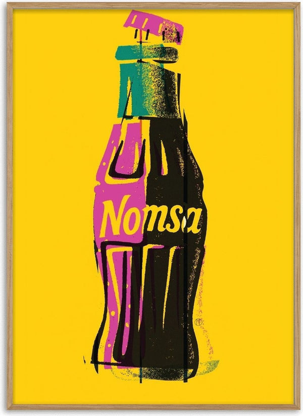 Nomsa by Monyuri - pop art cola-style bottle in pink and black on a bright yellow background