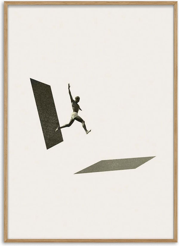 Surreal art of a person leaping between two platforms, from Not the one to wait by Maarten Léon.