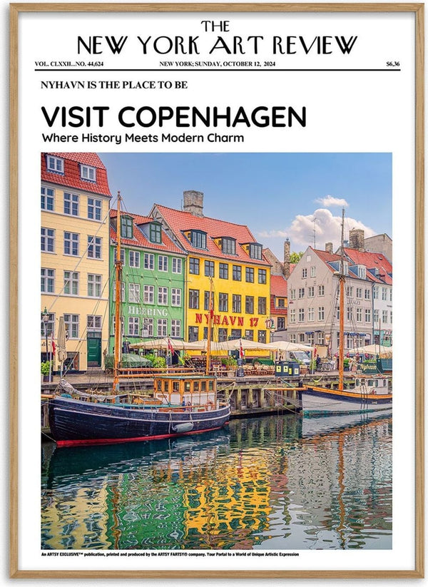 Colorful Nyhavn buildings reflected in the canal, featured on a Copenhagen-themed art review poster.