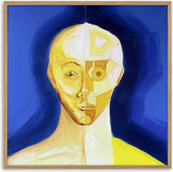 Ochre portrait / blue field by Linor Citaku - a half-faceted ochre face against a deep blue ground