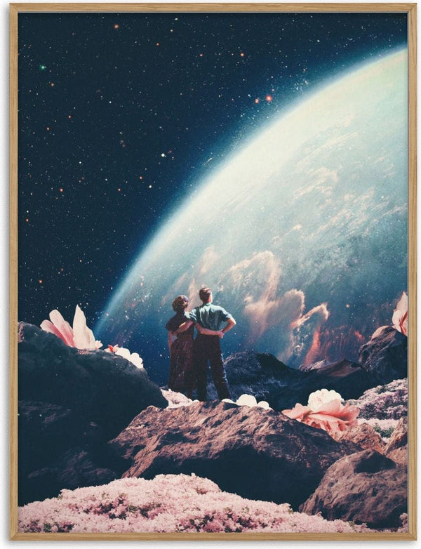 Two people stand on a rocky landscape with crystals, gazing at Earth from space; Often Mistaken for Absent artwork.