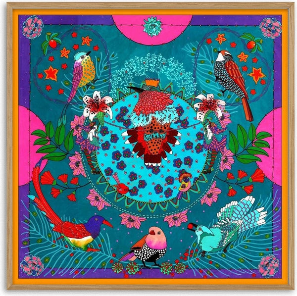 Oiseau Roi by Lucrezia Solena - crowned red bird in a turquoise circle surrounded by birds and flowers