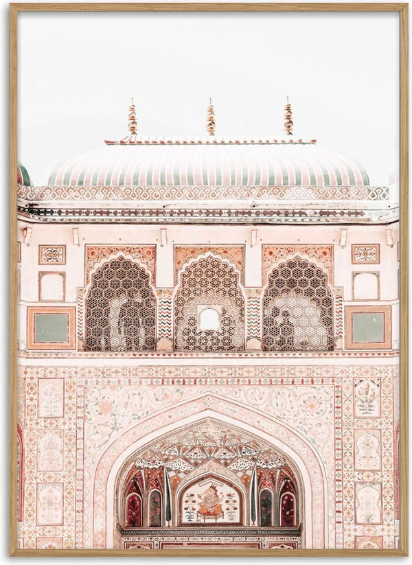 Intricately detailed facade of an old Indian building featured on a decorative wall poster.