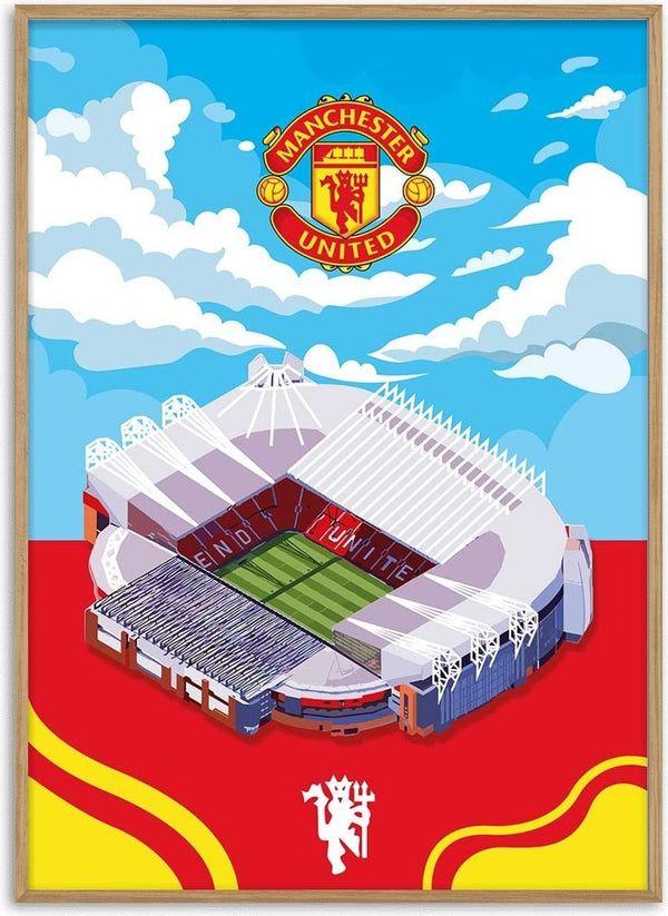 Illustration of Old Trafford stadium with Manchester United crest, on a colorful background for a football poster.