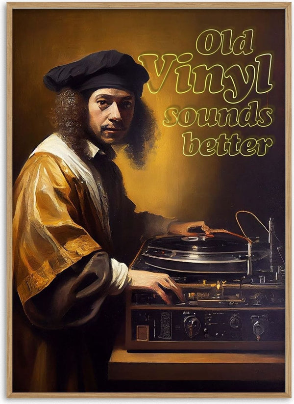 Old Vinyl Sounds Better by Dikhotomy - man in a black beret and gold sleeves at a turntable under the words Old Vinyl Sounds Better
