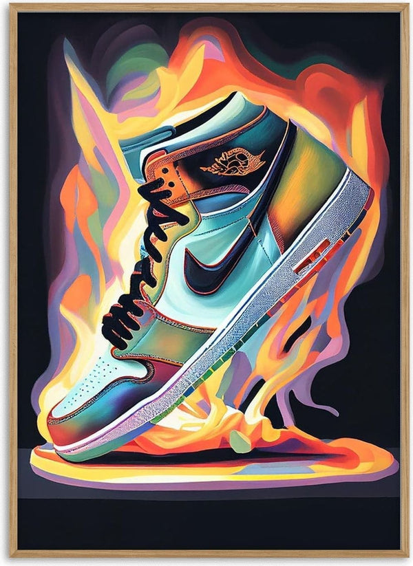 Colorful Air Jordan sneaker illustrated with vibrant flames in the background, by artist Danii Steinfeldt.