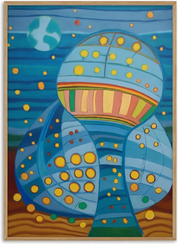 Once upon a blue moon by Gerard Ceulemans - dotted balloon-like shape rising into a blue night under a pale blue moon