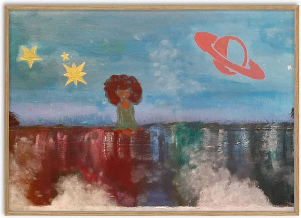 One with the Universe by Naïve Art by YLR - a small figure on a cliff under gold stars and a red ringed planet