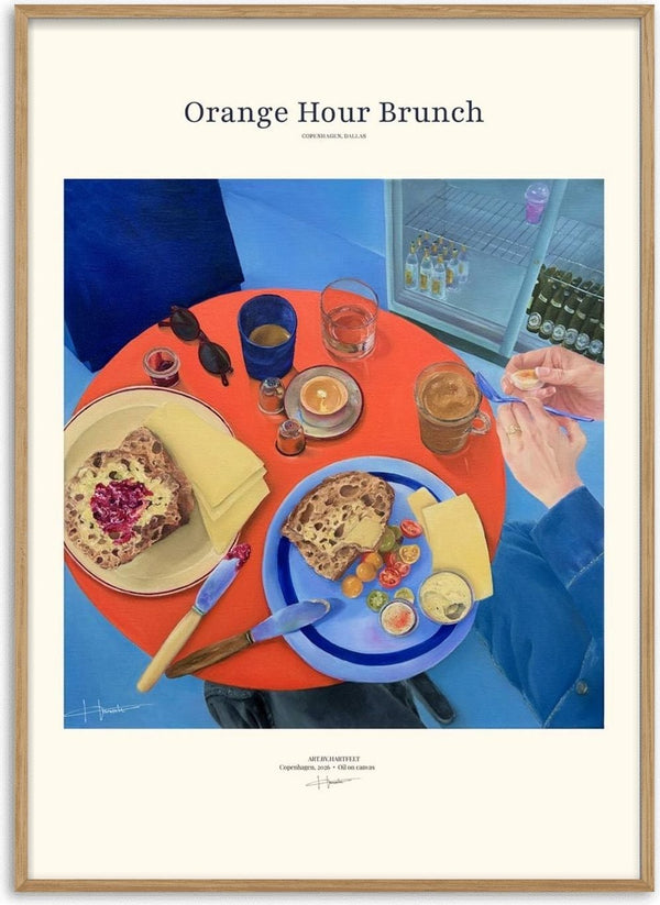 Orange Hour Brunch by Ditte Hartfelt - an orange brunch table seen from above, set as a titled poster