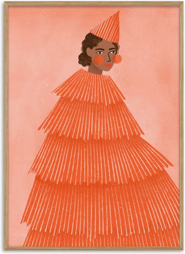 Orange Party Girl by Bea Müller – woman in a tiered orange fringe dress and party hat
