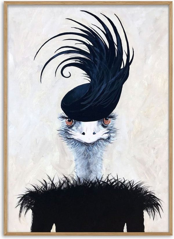 Ostrich portrait with expressive eyes, wearing a black feathered outfit and dramatic feathered hat.