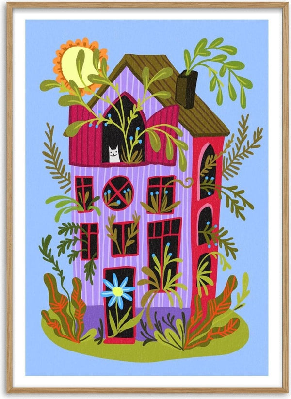 Colorful illustration of a whimsical house with green plants, bright sun, and a white cat in an upstairs window.