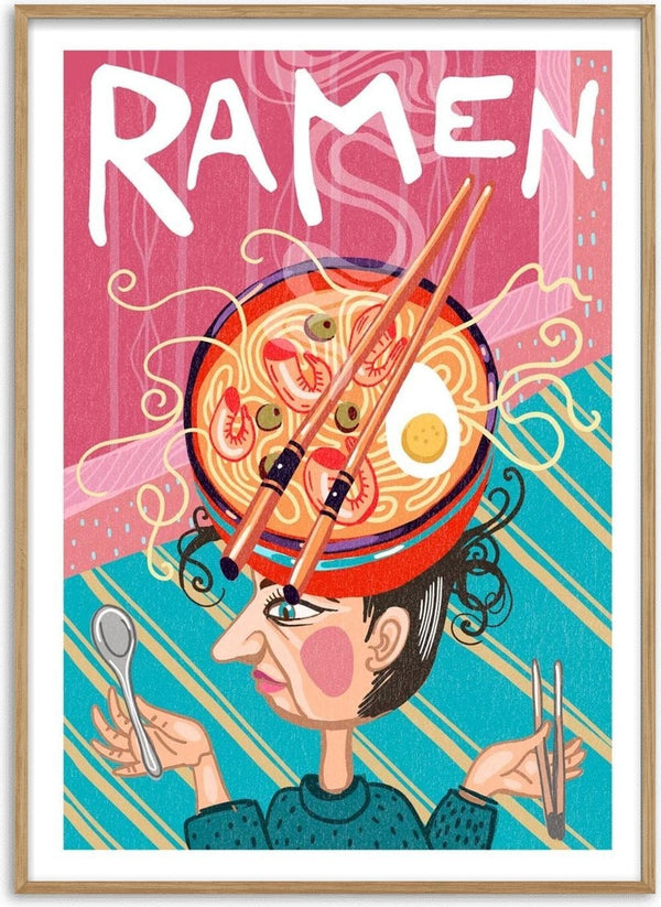 Illustration of a woman balancing a ramen bowl on her head, holding chopsticks and a spoon, with "RAMEN" text above.