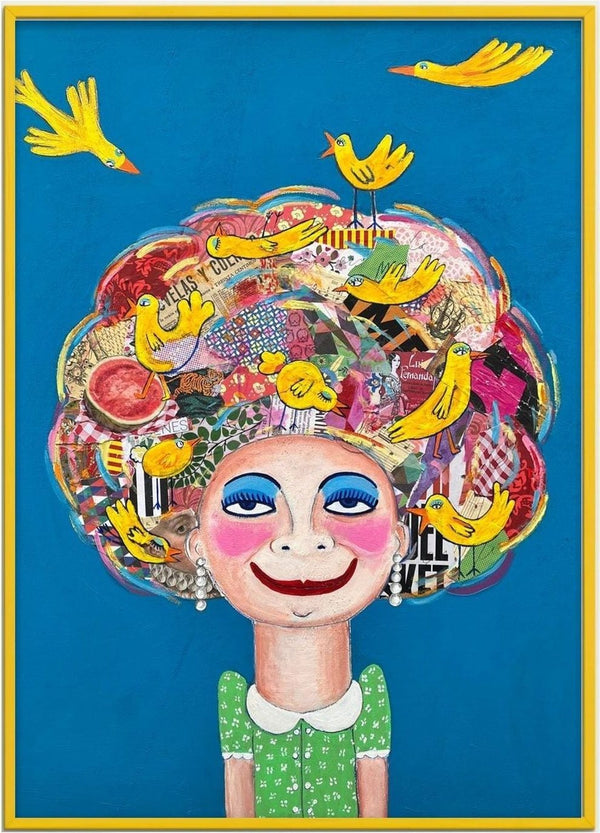 Pájaros en la cabeza by María Burgaz - a woman with collaged paper hair full of yellow birds