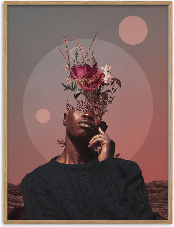 Surreal portrait with flowers blooming from a man's head, set against geometric shapes and a dusky landscape.