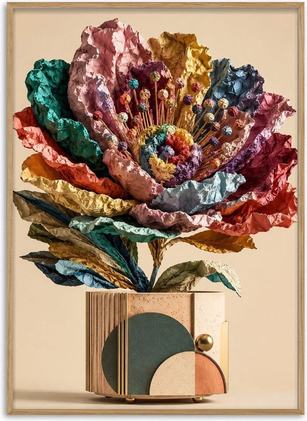 Paper Bloom by Haris Delic - a large crumpled paper flower in many colours above a ribbed vessel