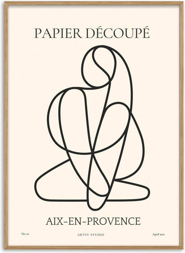 Minimalist line art of an abstract figure, labeled "Papier Découpé No. 01," ideal for living room décor.