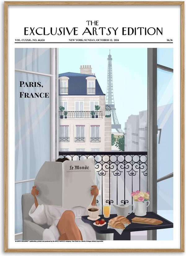 Woman enjoys breakfast with a view of the Eiffel Tower, featured on Paris Coffee Artsy Edition product page.