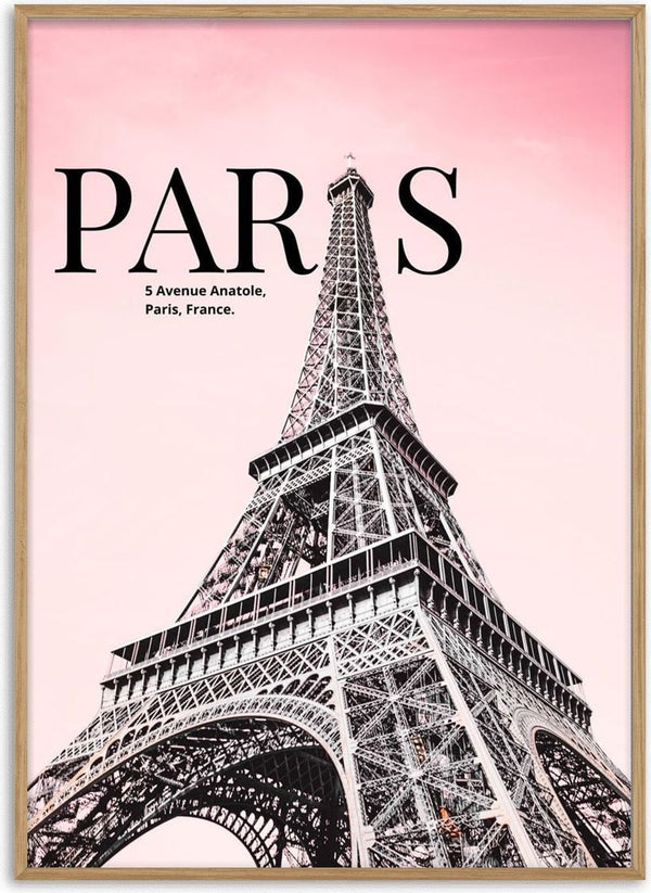 Artsy Eiffel Tower image with pink sky, bold "PARIS" text, and address for Paris Eiffel Tower.