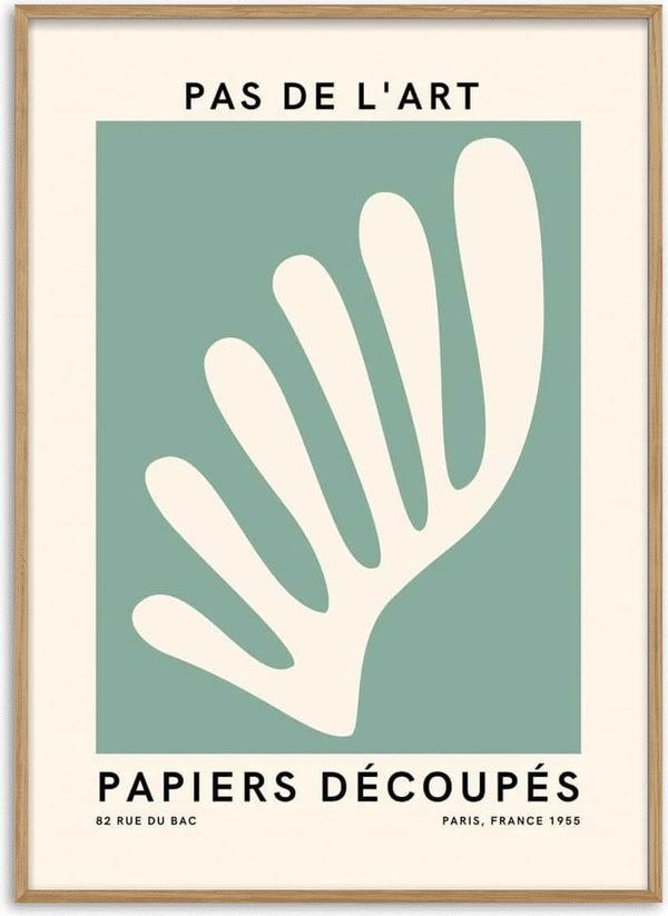 Minimalist green poster with abstract white cut-out shape, inspired by French art; "Pas De L'art" text at top.
