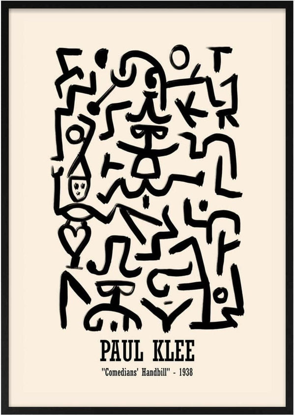 Abstract black line art on beige background from Paul Klee’s “Comedians’ Handbill” 1938, modern poster for living room.