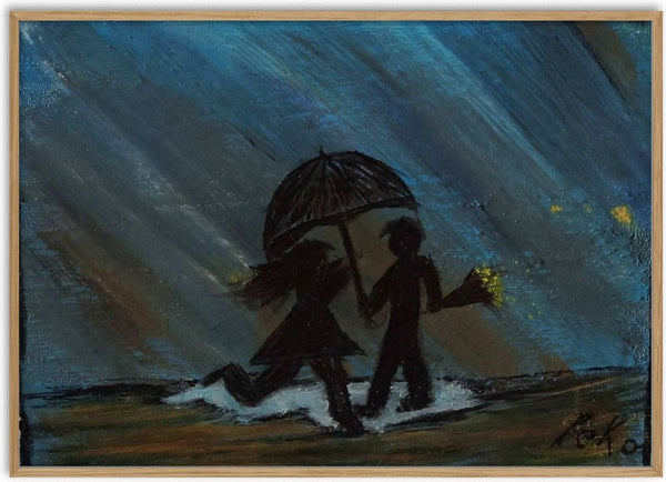 Per Elisa by PeKo - two black silhouettes under one umbrella in slanting blue rain