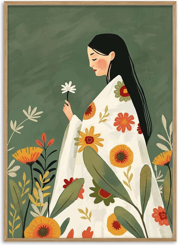 Illustration of a serene woman in a floral shawl holding a daisy, surrounded by colorful flowers.