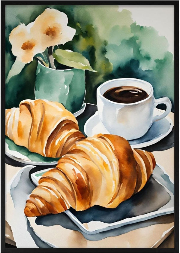 Petit dejeuner - coffee and croissants by Ohkimiko - two croissants and a cup of black coffee
