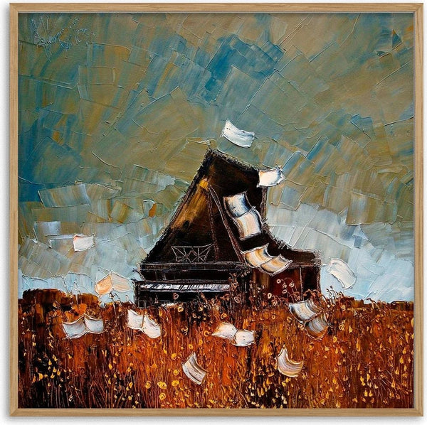 Impressionist painting of a grand piano in a field with flying sheet music, by Justyna Kopania.