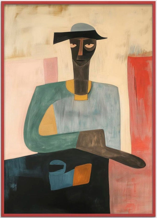 Abstract painting of a seated figure with muted colors, hat, and elongated arms; cover art for Pianoman - Martin Zen.