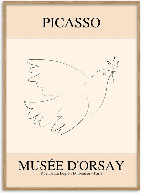 Minimalist line drawing of a dove holding an olive branch, inspired by Picasso, with "Musée d'Orsay" text below.