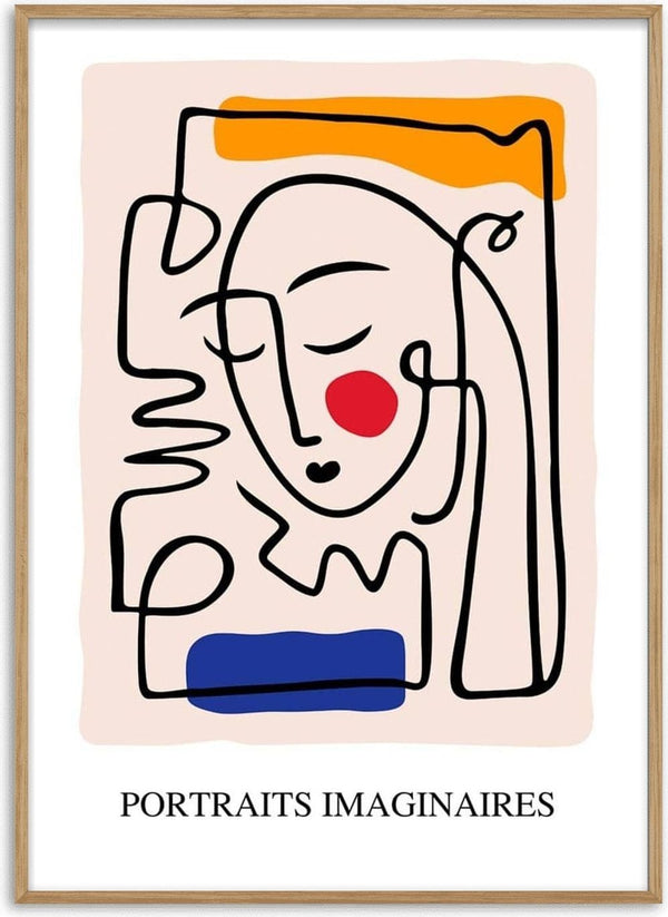 Abstract Picasso-inspired line drawing of a face with red cheek, orange and blue accents, "Portraits Imaginaires" text.