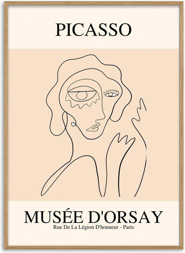 Minimalist Picasso-style line drawing of a woman, with "Musée d'Orsay" and Paris text below.