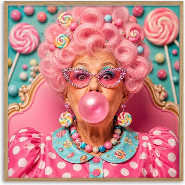 Pink Attitude by Devour Art - an older woman blowing a bubblegum bubble in rhinestone cat-eye glasses