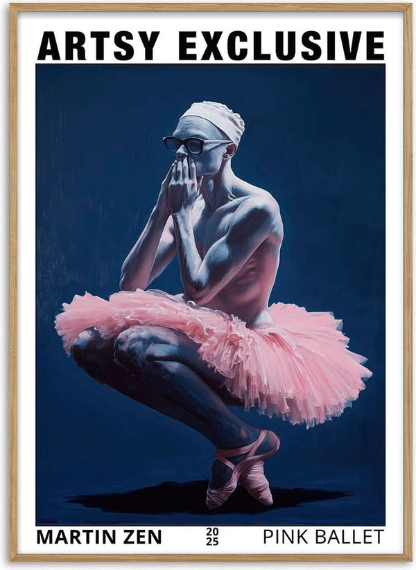 A male ballet dancer in a pink tutu and headwrap poses thoughtfully against a dark background.