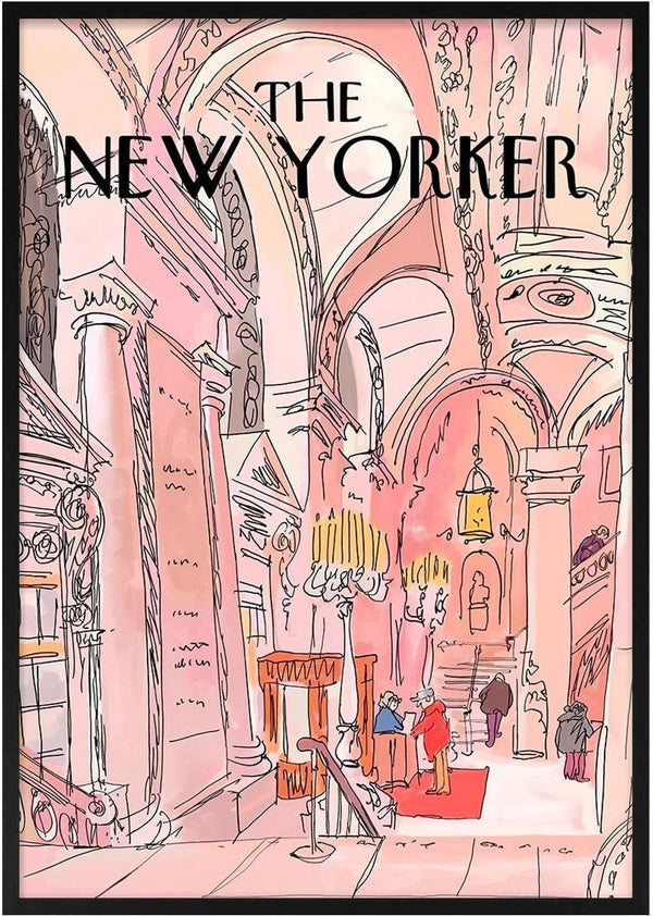 Illustration of an ornate pink room with arches and columns, featured on a Pink Room Plakat product page.
