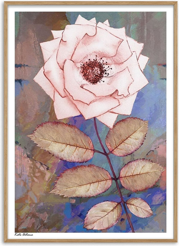Artistic illustration of a single pink rose with leaves, featured on the Pink Rose - Kate Aitana product page.
