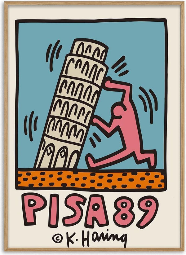 Illustration of a figure holding up the Leaning Tower of Pisa, with "PISA 89" and Keith Haring’s signature below.