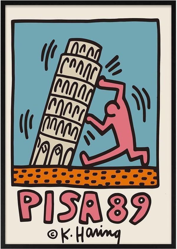 Illustration of a figure holding up the Leaning Tower of Pisa, with "PISA 89" and Keith Haring’s signature below.