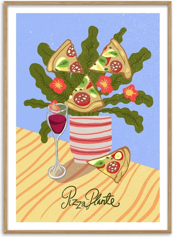 Illustration of a plant with pizza slice leaves in a striped pot, glass of red wine, and "Pizza Plante" text.